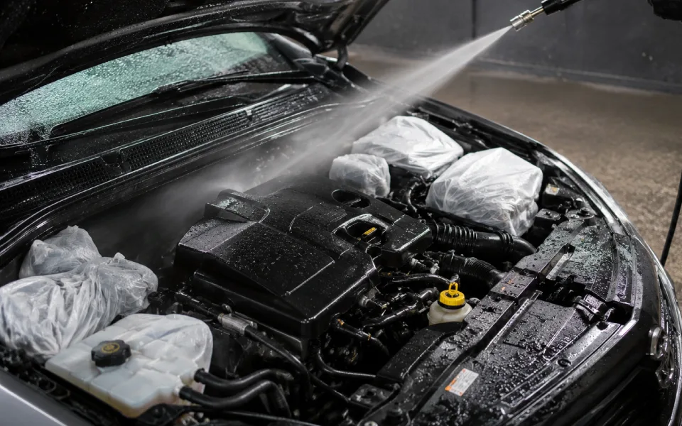 Desengrasado y lavado de motor con agua a presión controlada para eliminar suciedad extrema