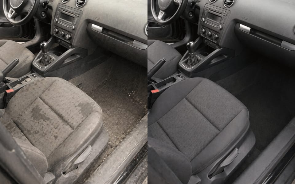 Comparativa de interior de coche antes (con moqueta y asientos muy sucios) y después de una limpieza completa