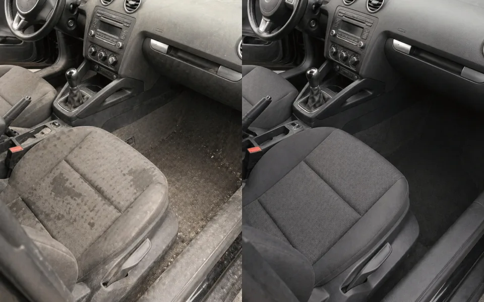 Comparativa de interior de coche antes (con moqueta y asientos muy sucios) y después de una limpieza completa