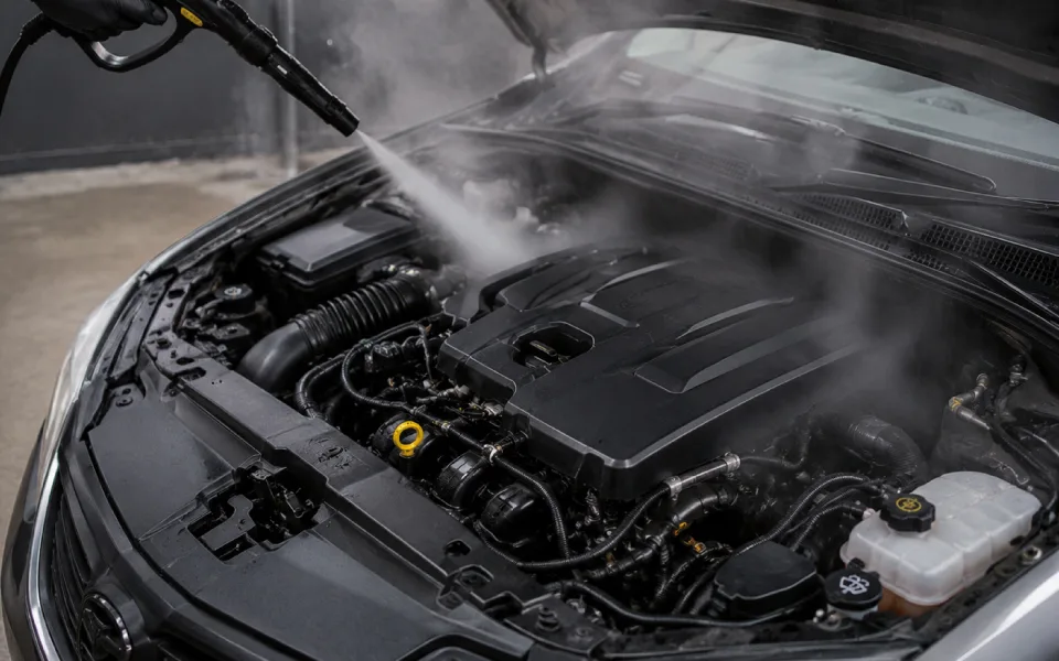 Limpieza técnica de motor con vapor a presión para una desinfección y desengrasado seguro