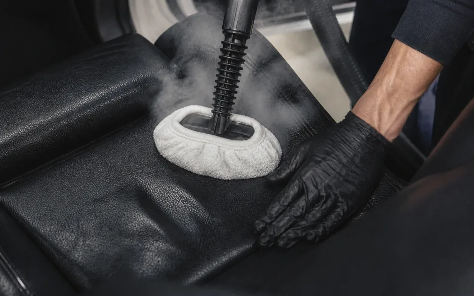 Tratamiento de vapor para desincrustar suciedad en asientos de cuero sin dañarlos