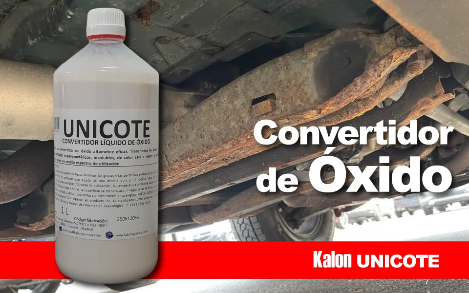 Bote de Unicote junto a chasis de coche oxidado para mostrar su efectividad