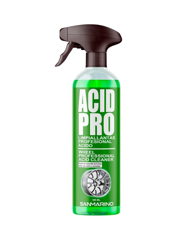 El acid pro de SANMARINO, es un limpia llantas profesional ácido especialmente diseñado para limpiar profundamente las llantas de aluminio, eliminando la suciedad, la grasa y las manchas más difíciles.