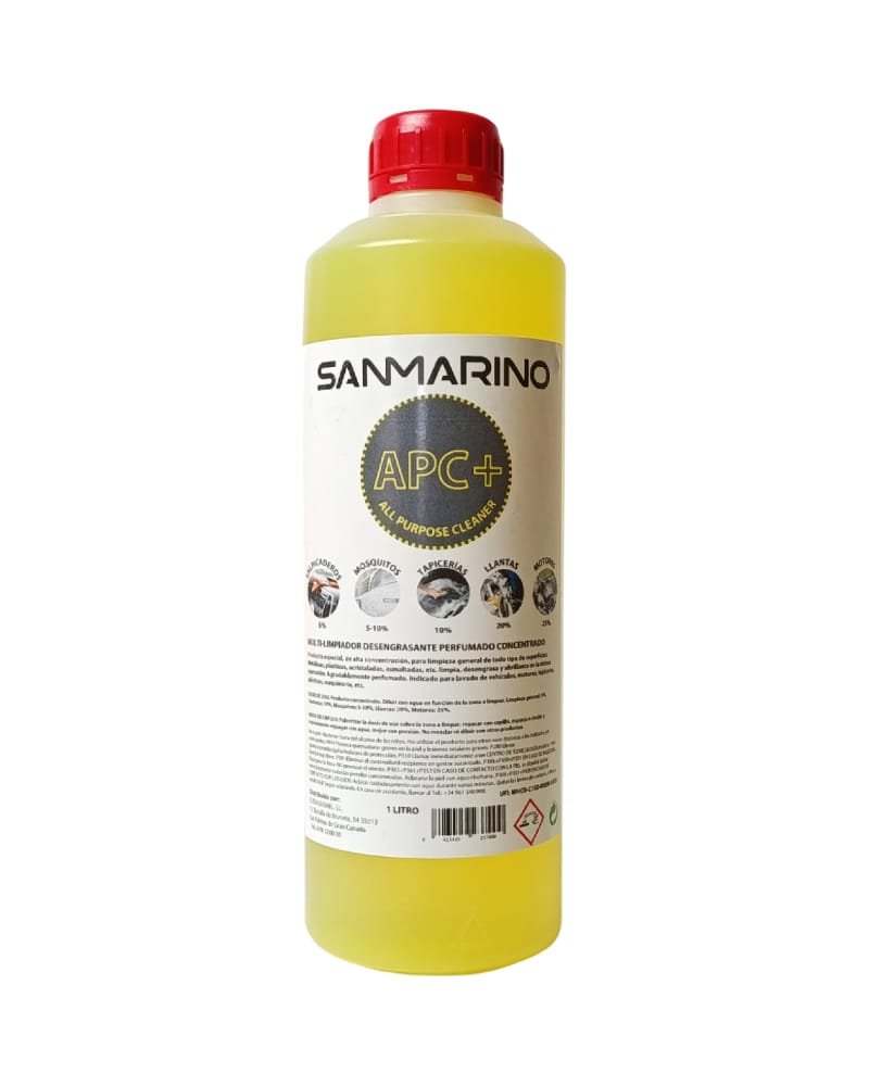El multi-limpiador desengrasante (APC+) de SANMARINO, es un potente multilimpiador concentrado formulado para eliminar suciedad muy incrustada en el vehículo, desde paneles plásticos hasta llantas, tapicerías o carrocería.