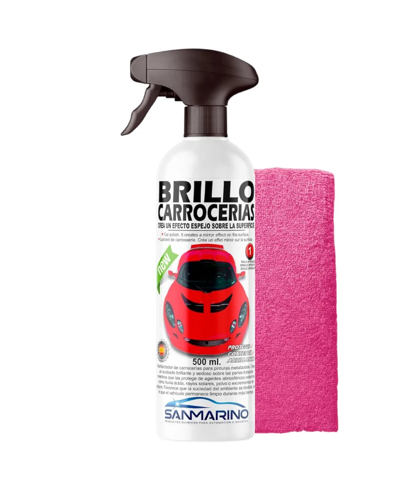 El brillo carrocerías de SANMARINO, está diseñado para dar al coche un brillo intenso y duradero tras cada lavado, además de proteger la carrocería de lluvia ácida, rayos UV, agentes externos y polvo.