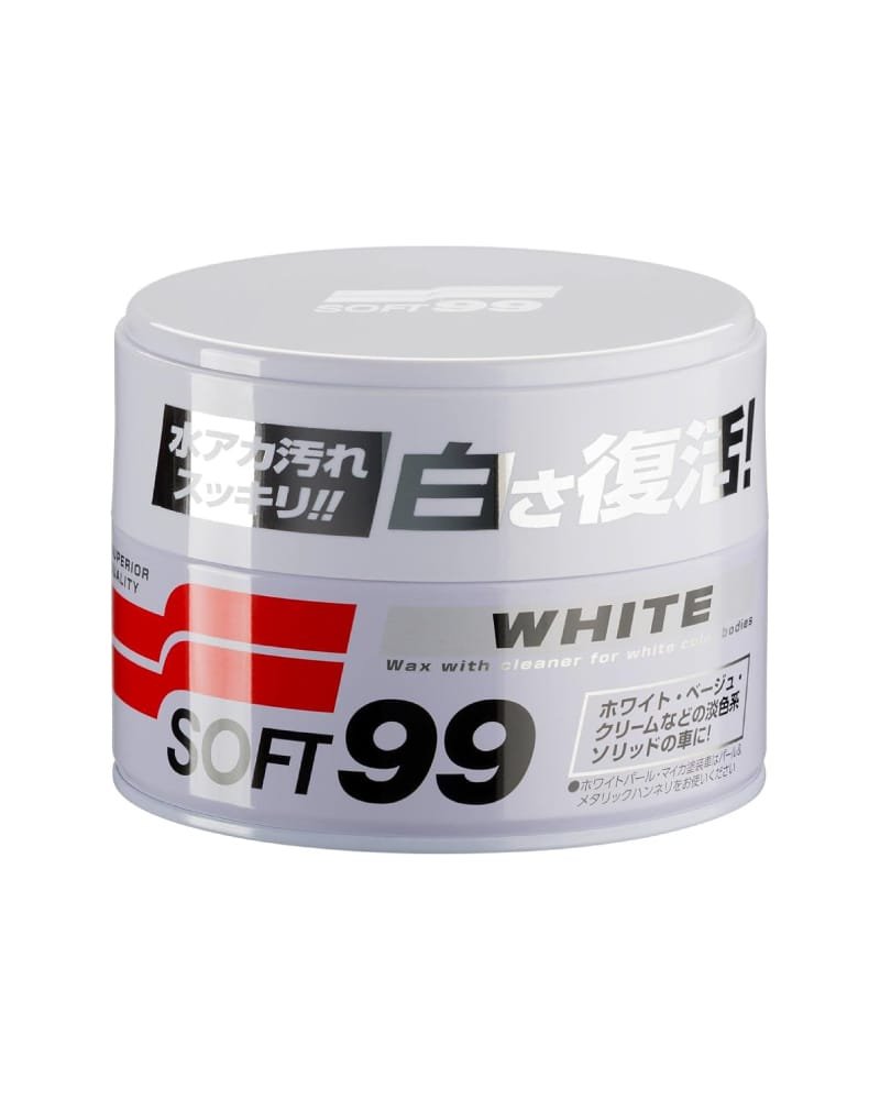 La cera dura híbrida para colores claros (White Wax) de Soft99, fue desarrollada para proteger y realzar el acabado de la pintura del vehículo, su fórmula combina cera natural de carnauba con componentes sintéticos para proporcionar un brillo intenso, una superficie suave al tacto y una protección eficaz frente al agua.