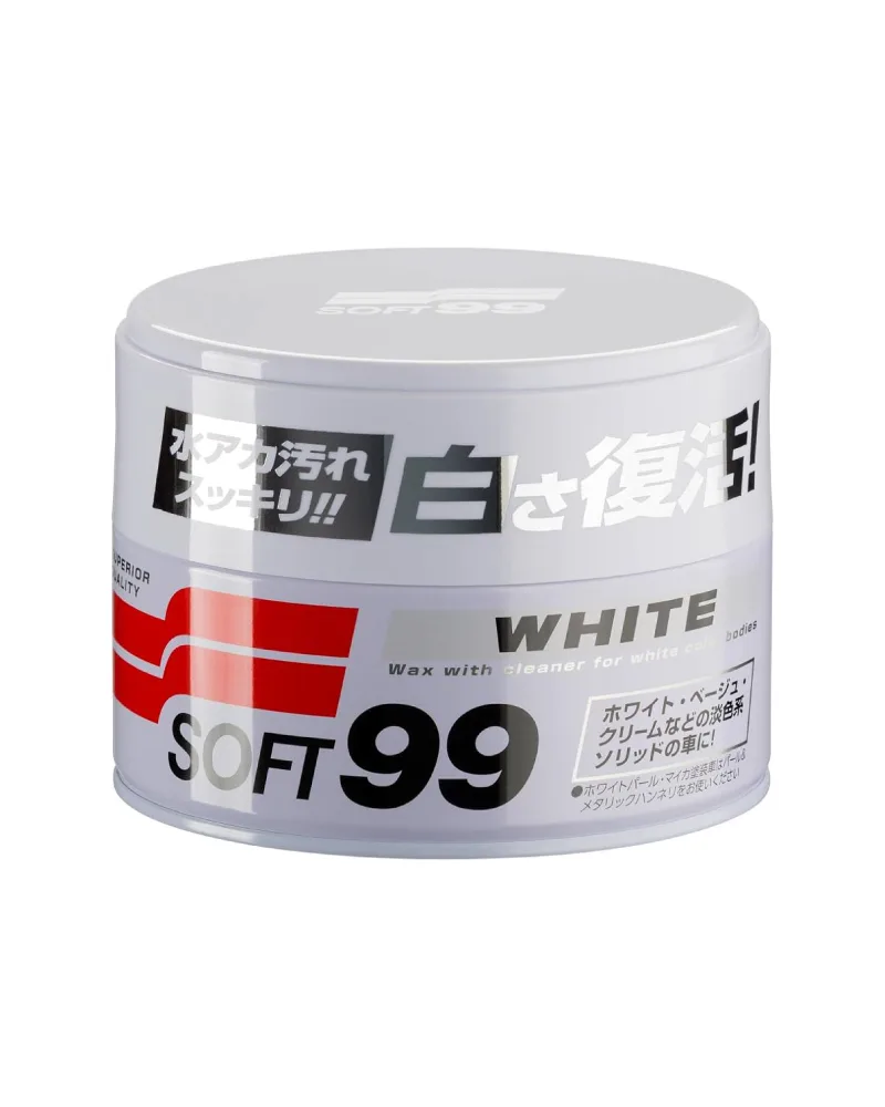 La cera dura híbrida para colores claros (White Wax) de Soft99, fue desarrollada para proteger y realzar el acabado de la pintura del vehículo, su fórmula combina cera natural de carnauba con componentes sintéticos para proporcionar un brillo intenso, una superficie suave al tacto y una protección eficaz frente al agua.