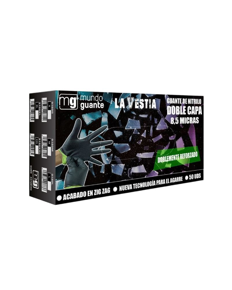 Los guantes de nitrilo (La Vestia) de Mundo Guante, ofrecen una protección superior en entornos exigentes, como la automoción, la industria y la construcción. Su doble capa de nitrilo proporciona una resistencia excepcional frente a productos químicos, aceites, grasas y otros agentes contaminantes, asegurando durabilidad y comodidad durante su uso.