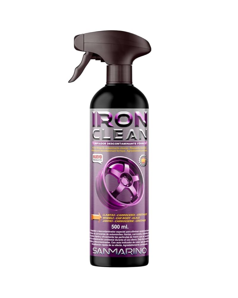 El Iron clean de SANMARINO, es un limpiador descontaminante férrico que disuelve y elimina rápidamente las partículas de hierro, dejando las superficies del vehículo limpias y brillantes.