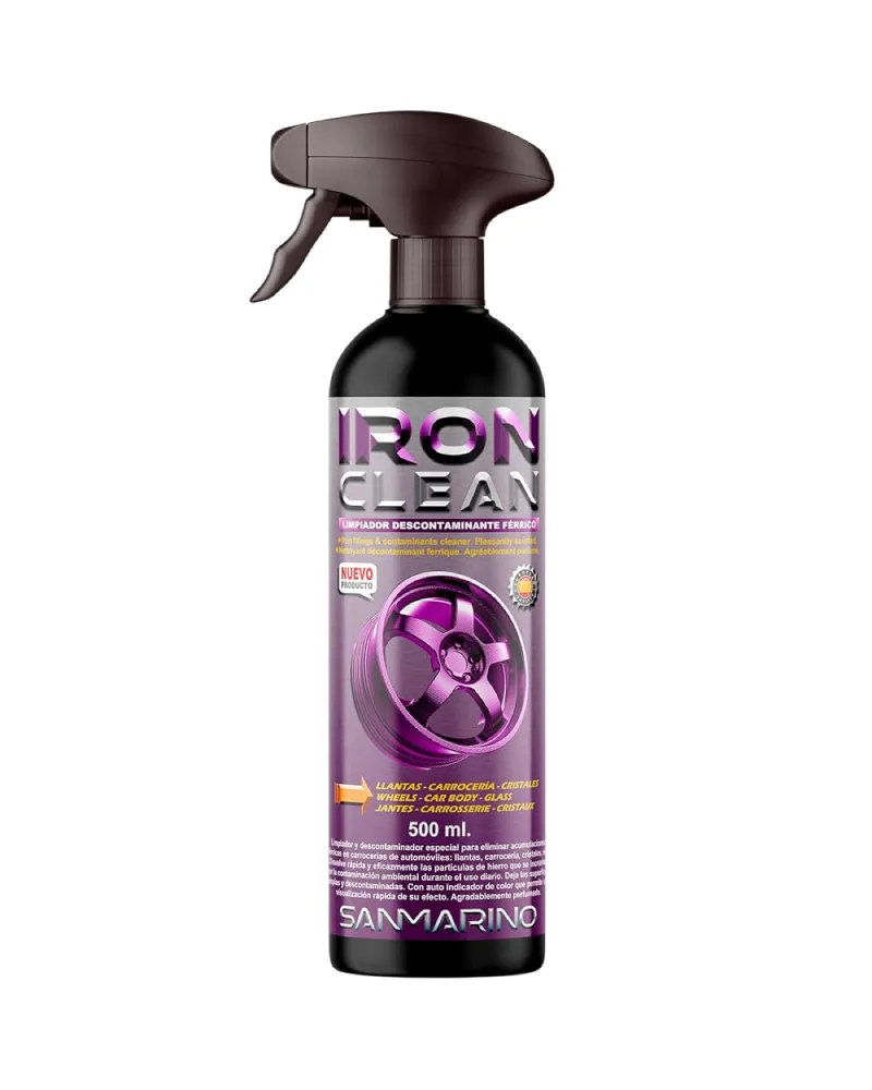 El Iron clean de SANMARINO, es un limpiador descontaminante férrico que disuelve y elimina rápidamente las partículas de hierro, dejando las superficies del vehículo limpias y brillantes.