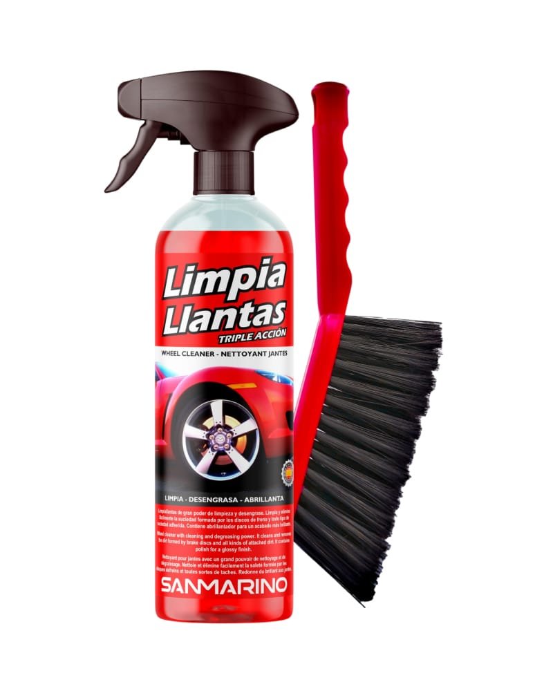 El limpia llantas (Triple acción) de SANMARINO, limpia, desengrasa y abrillanta las llantas en una sola operación, dejándolas con un acabado impecable y duradero.