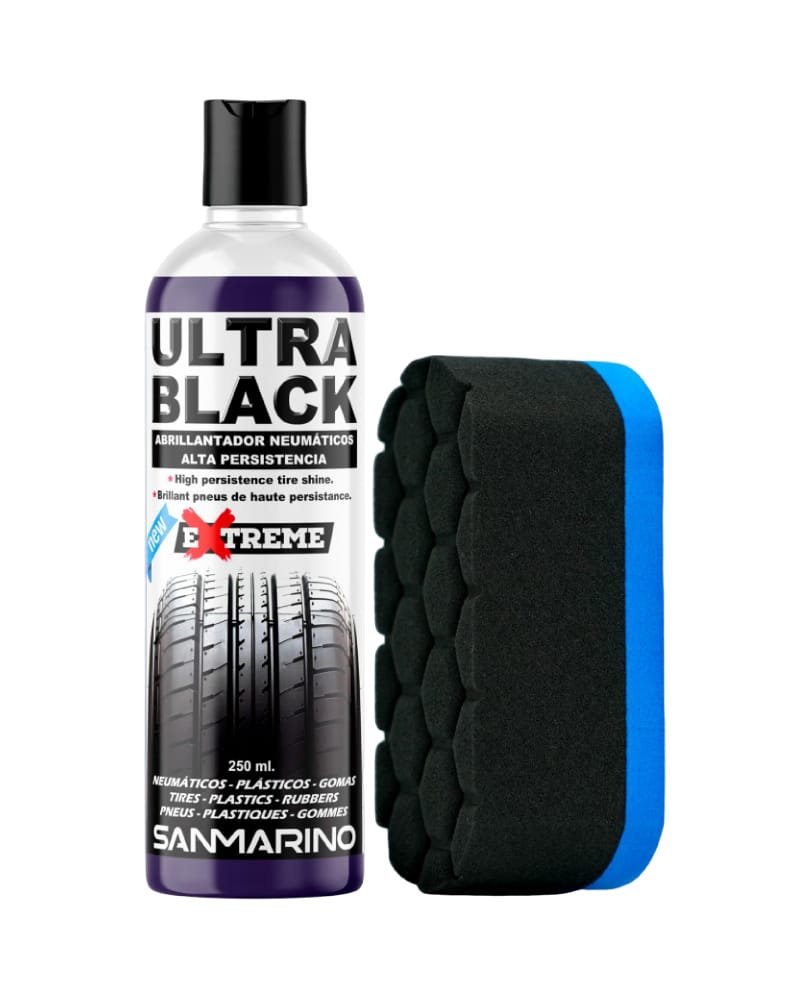 El ultra black de SANMARINO, es un abrillantador de alta persistencia para neumáticos, gomas, plásticos exteriores y molduras, su fórmula hidrofóbica proporciona un negro intenso, brillo duradero y protección.